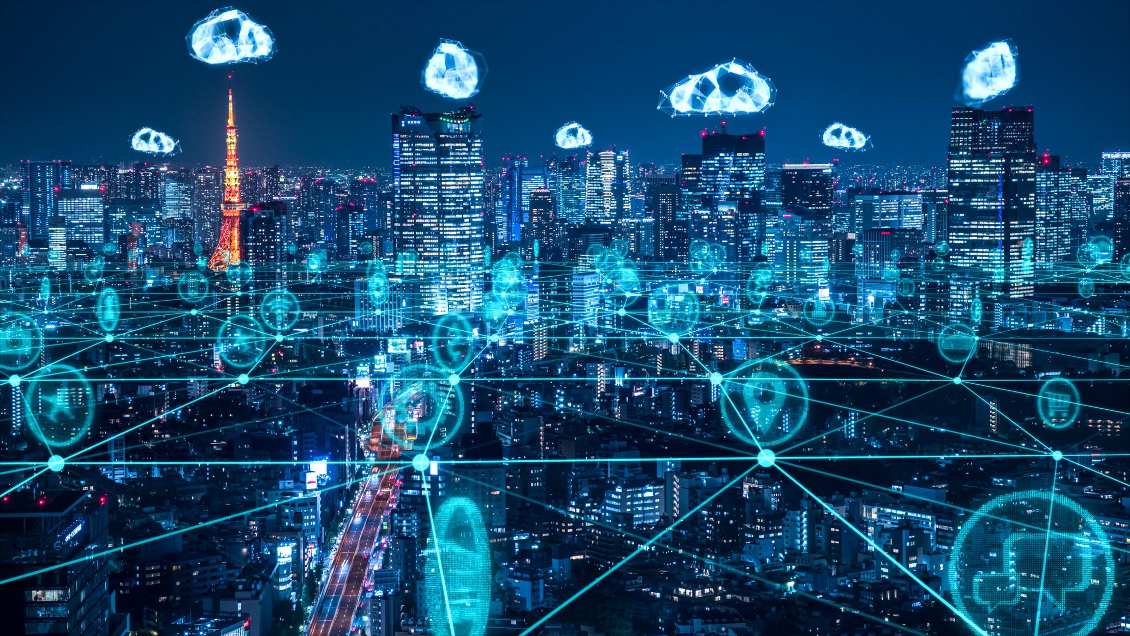 digital clouds over the city connecting with lines