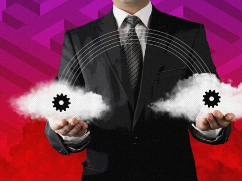 A man holding his hands out with a cloud in each one