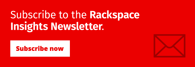 A red image with text "Subscribe to the Rackspace Insights Newsletter" with a "Subscribe now" button. A mail icon is positioned to the right of the text.